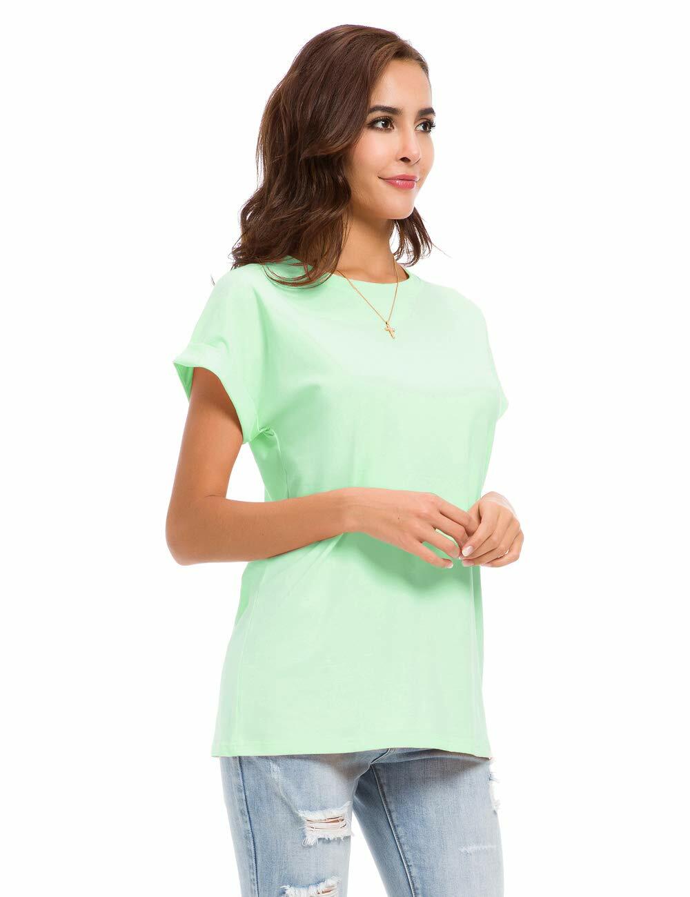 MSHING Women's Simple Crew Neck Plain Loose T-Shirt Light Green Size L Casual
