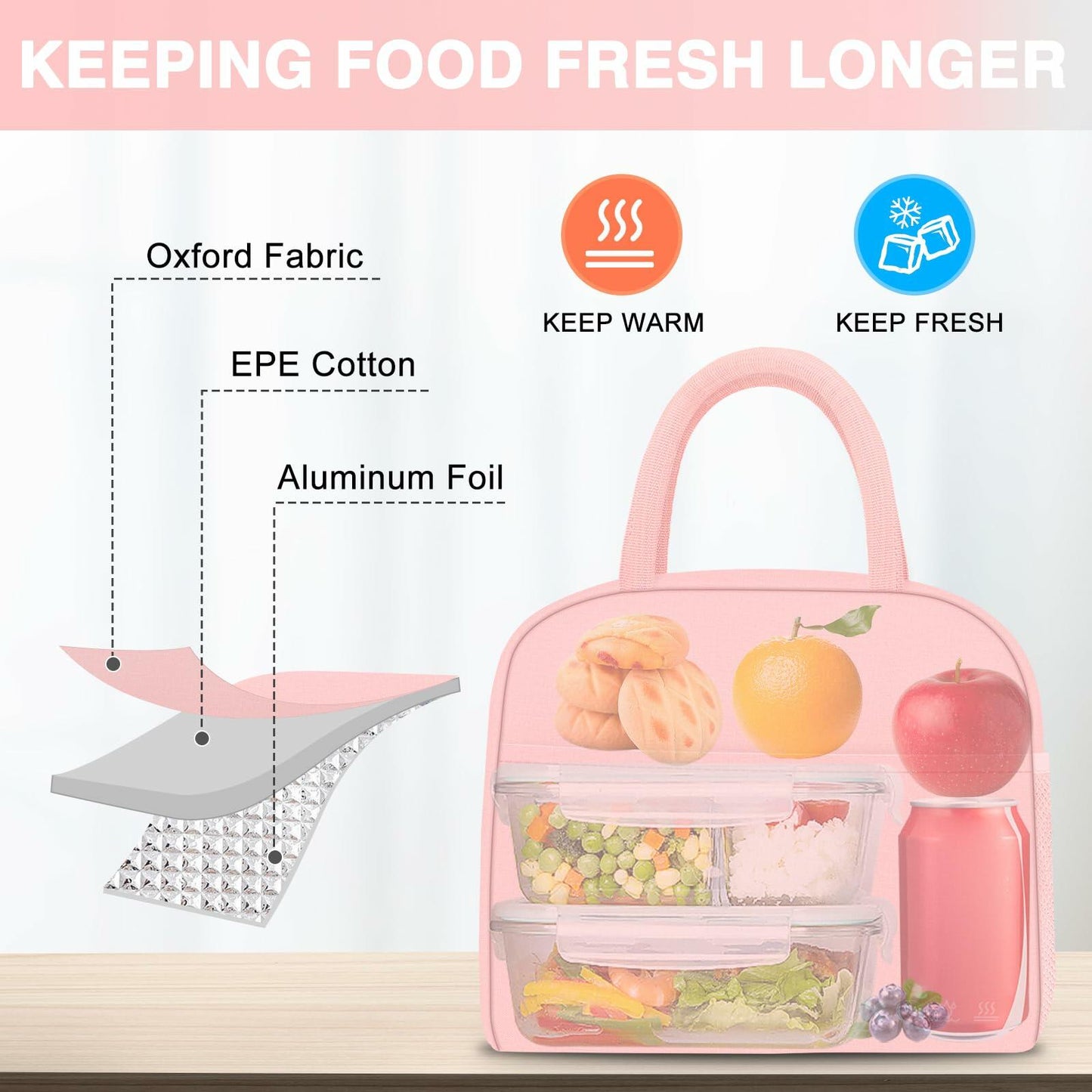 KUBYA Insulated Lunch Bag Pink Reusable Tote for Women Men Office Travel Picnic