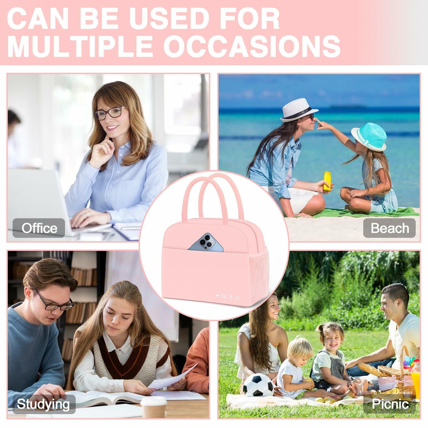 KUBYA Insulated Lunch Bag Pink Reusable Tote for Women Men Office Travel Picnic