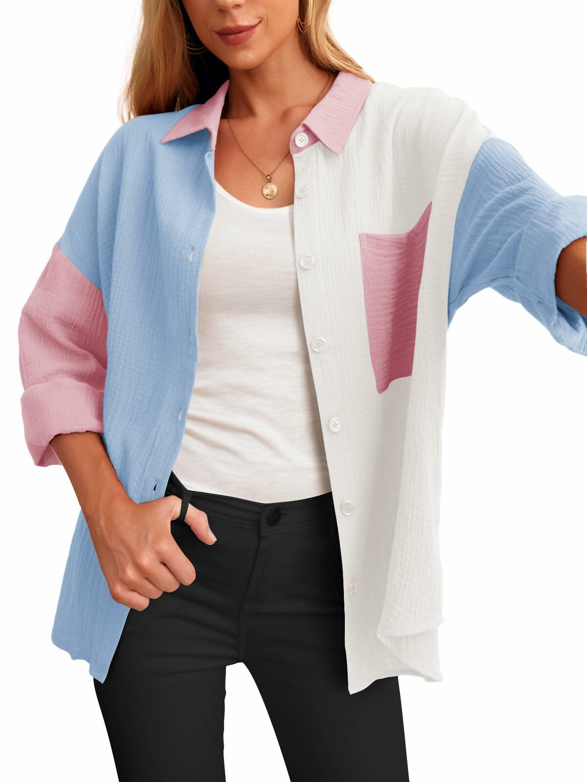 HWOKEFEIYU Womens Long Sleeve Button Down Shirt FP Black Grid Large Casual