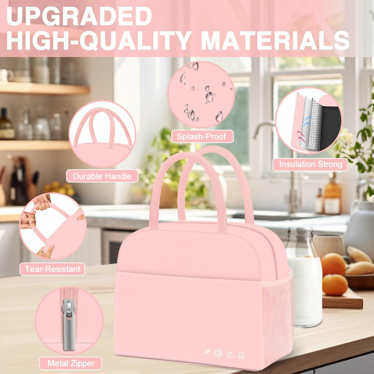 KUBYA Insulated Lunch Bag Pink Reusable Tote for Women Men Office Travel Picnic