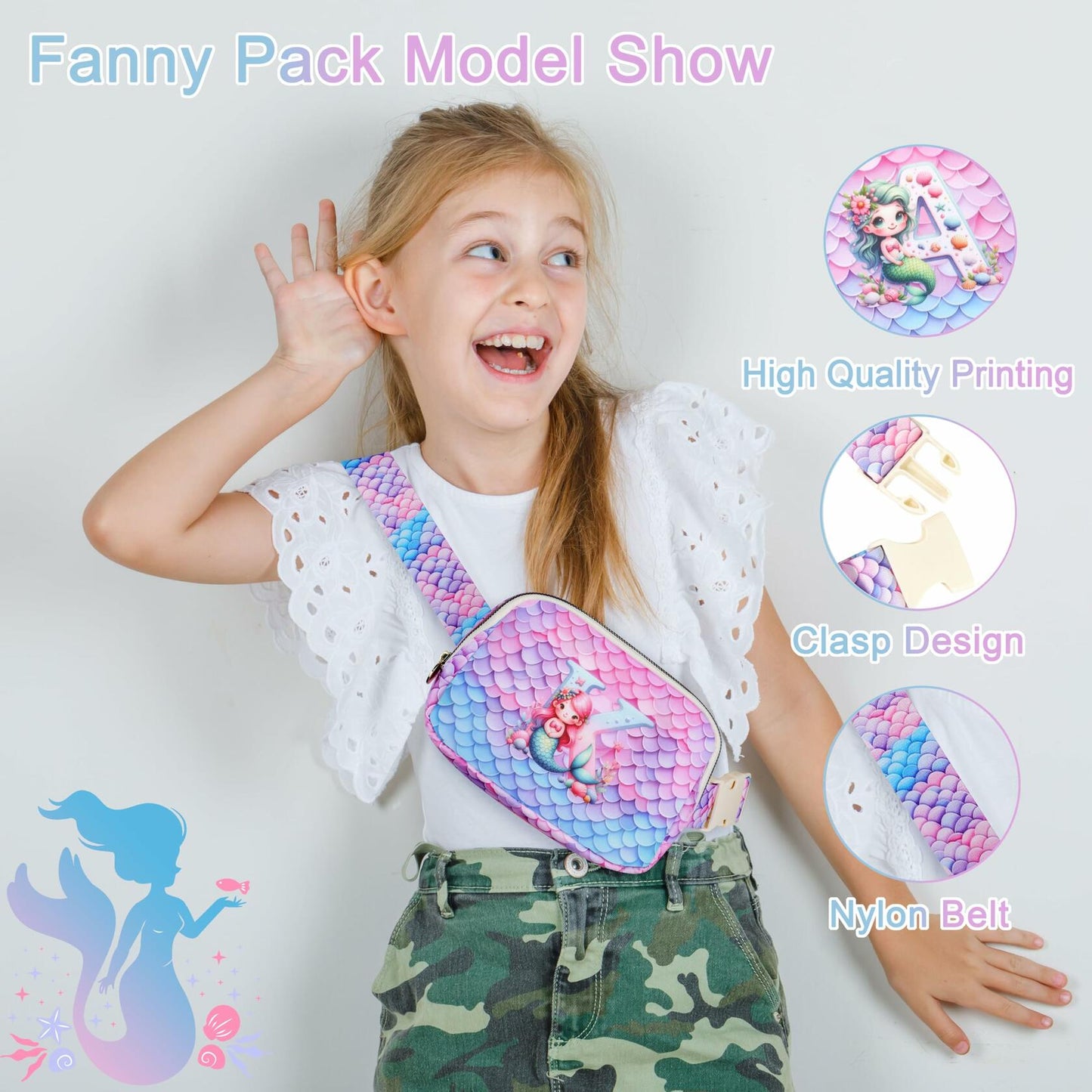 JTENGTOP Mermaid Fanny Pack Crossbody Belt Bag Initial D for Girls Ages 3-7