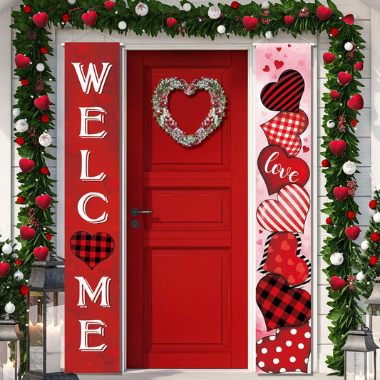 2 Pc Valentine Red Buffalo Plaid Door Banner Love Heart Decor Home