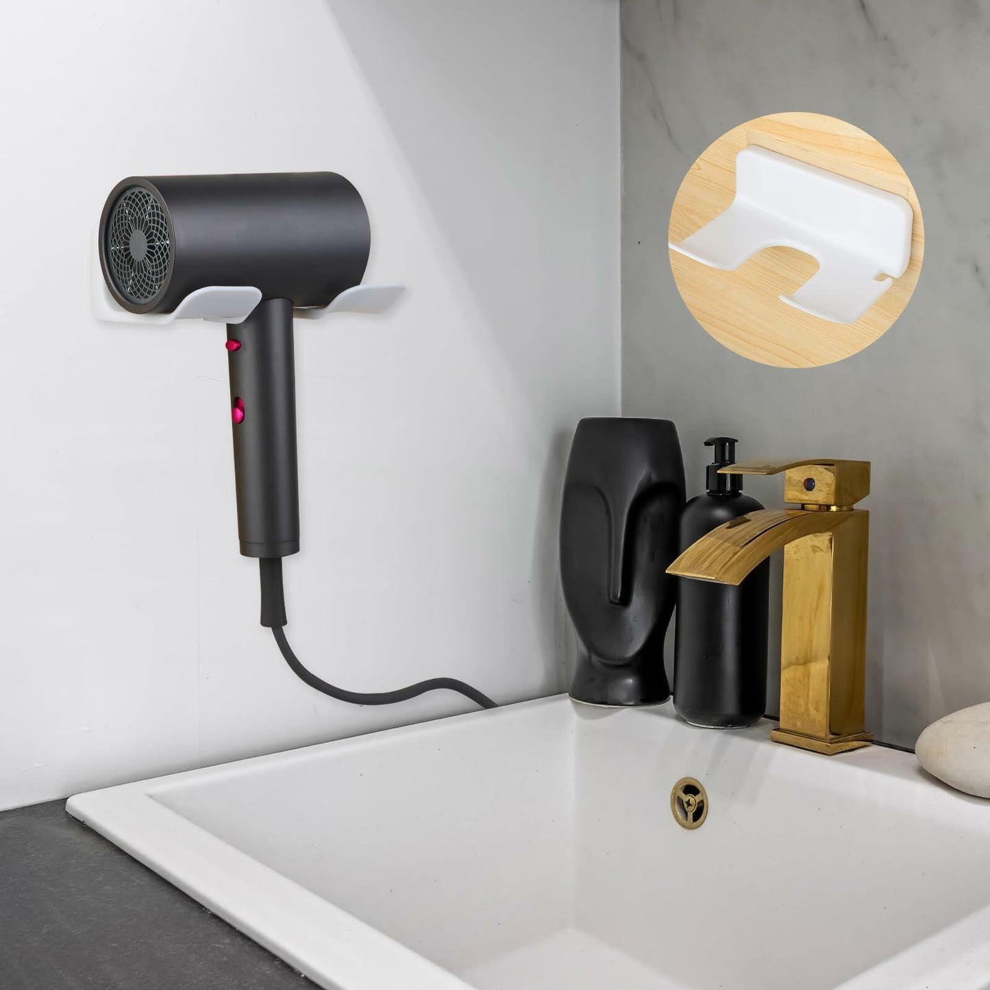 COMNICO Hair Dryer Holder Wall Mount White Self Adhesive Organizer with Cord