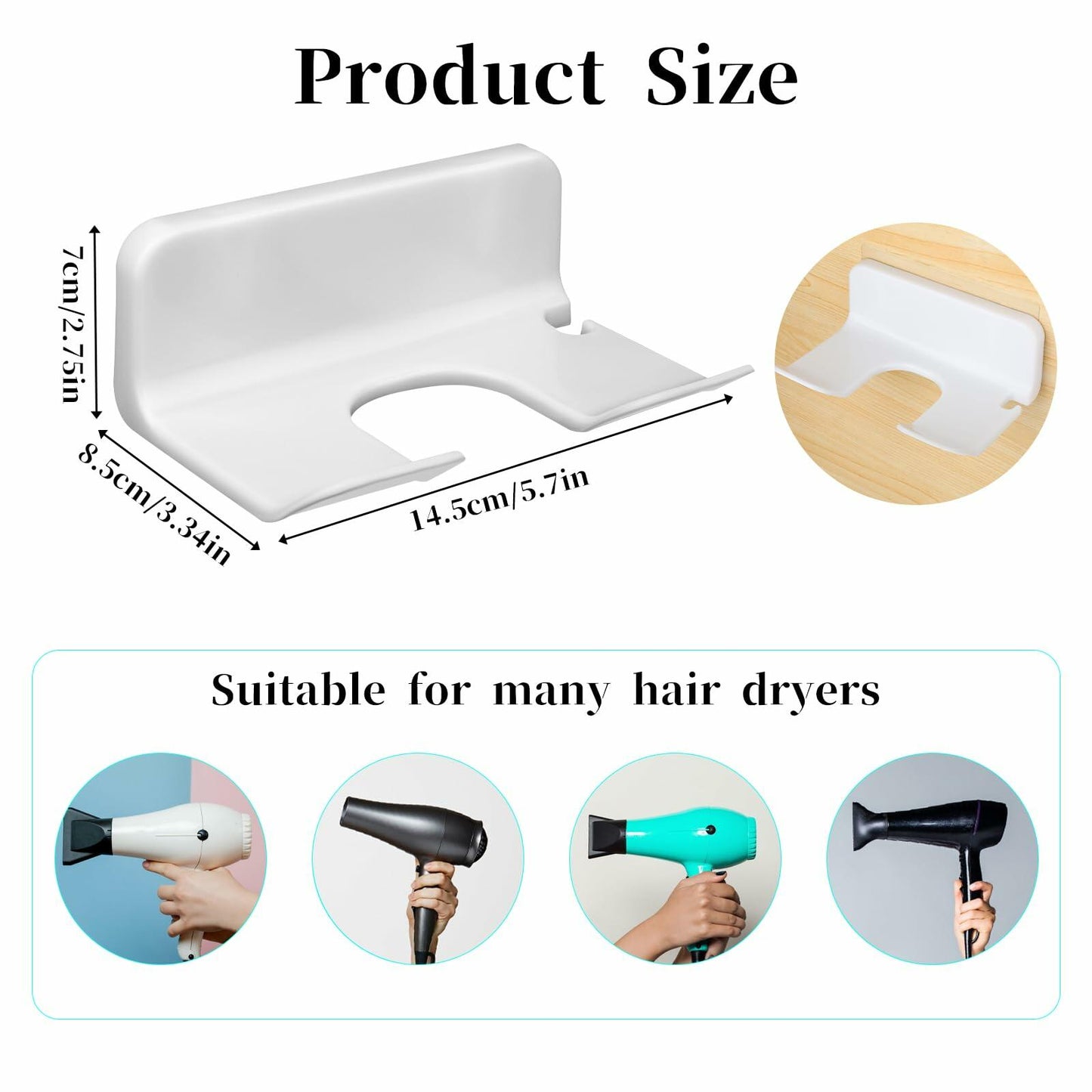 COMNICO Hair Dryer Holder Wall Mount White Self Adhesive Organizer with Cord