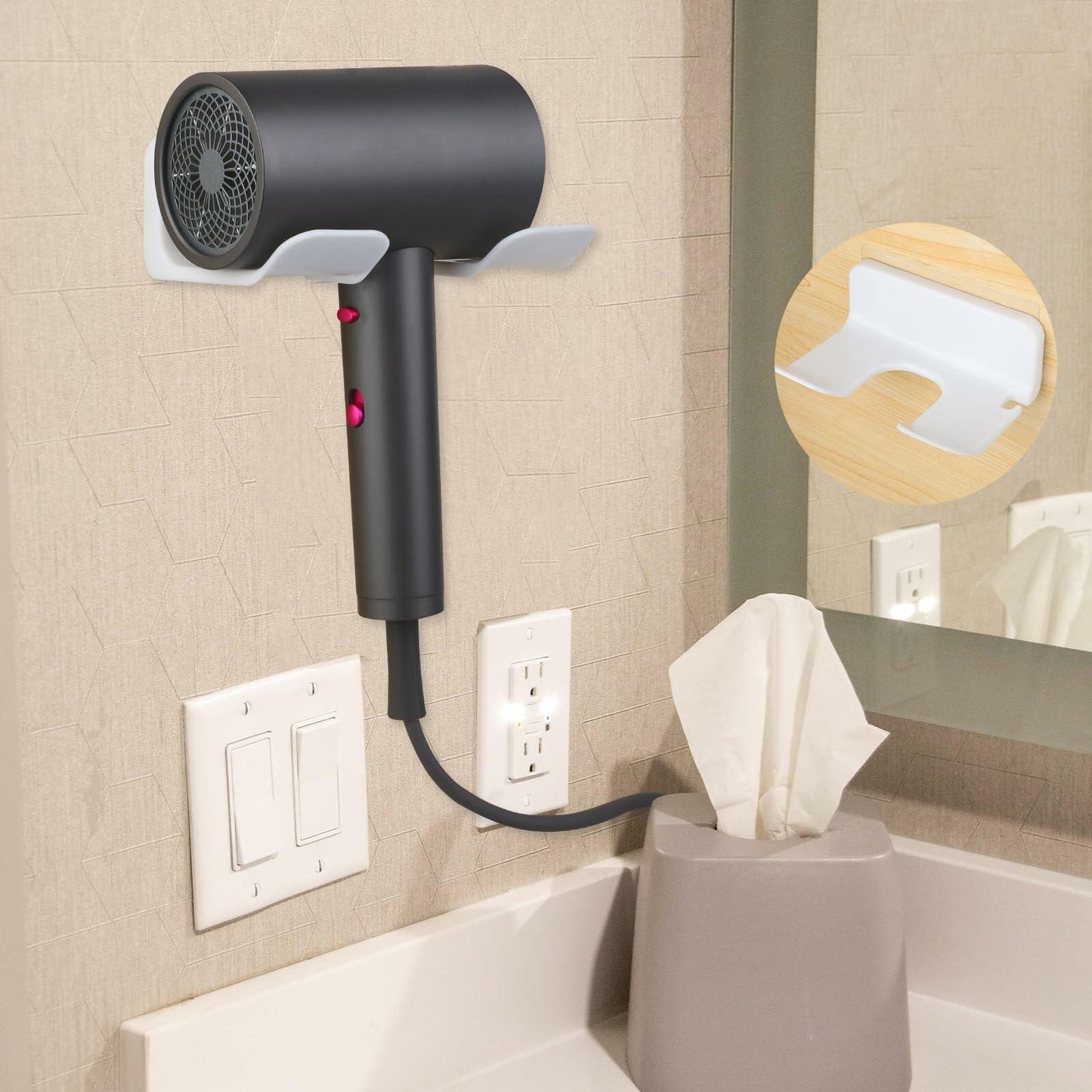 COMNICO Hair Dryer Holder Wall Mount White Self Adhesive Organizer with Cord