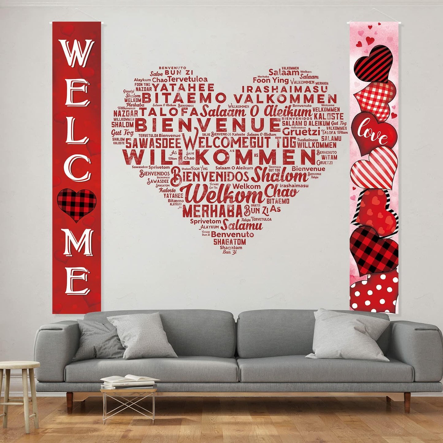 2 Pc Valentine Red Buffalo Plaid Door Banner Love Heart Decor Home