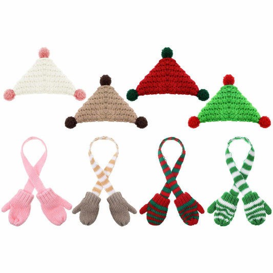 Geyoga 8 Pc Mini Knit Doll Hats & Scarves Set Mini Santa Hats Red White Green