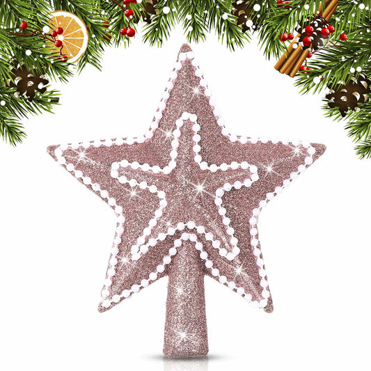 Hollowfly 4" Glitter Mini Star Christmas Tree Topper Rose Gold Pearl
