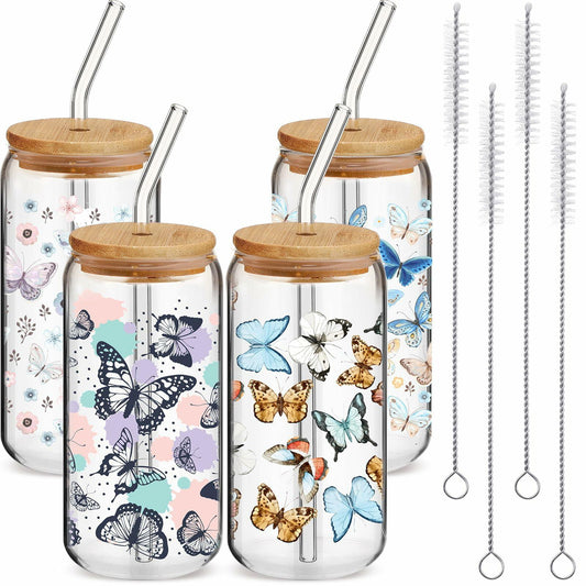 Cunhill 4pc 16oz Iced Coffee Glasses Set Pumpkin Bamboo Lid & Straw