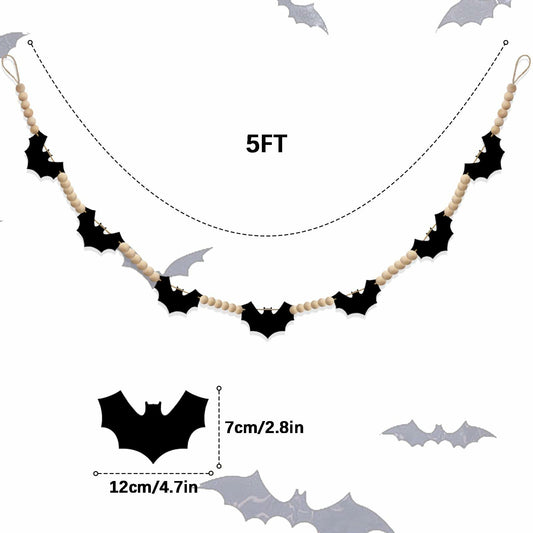 Gvhntk Black Felt Bats Garland Halloween Decor Indoor Banner Wood Beads