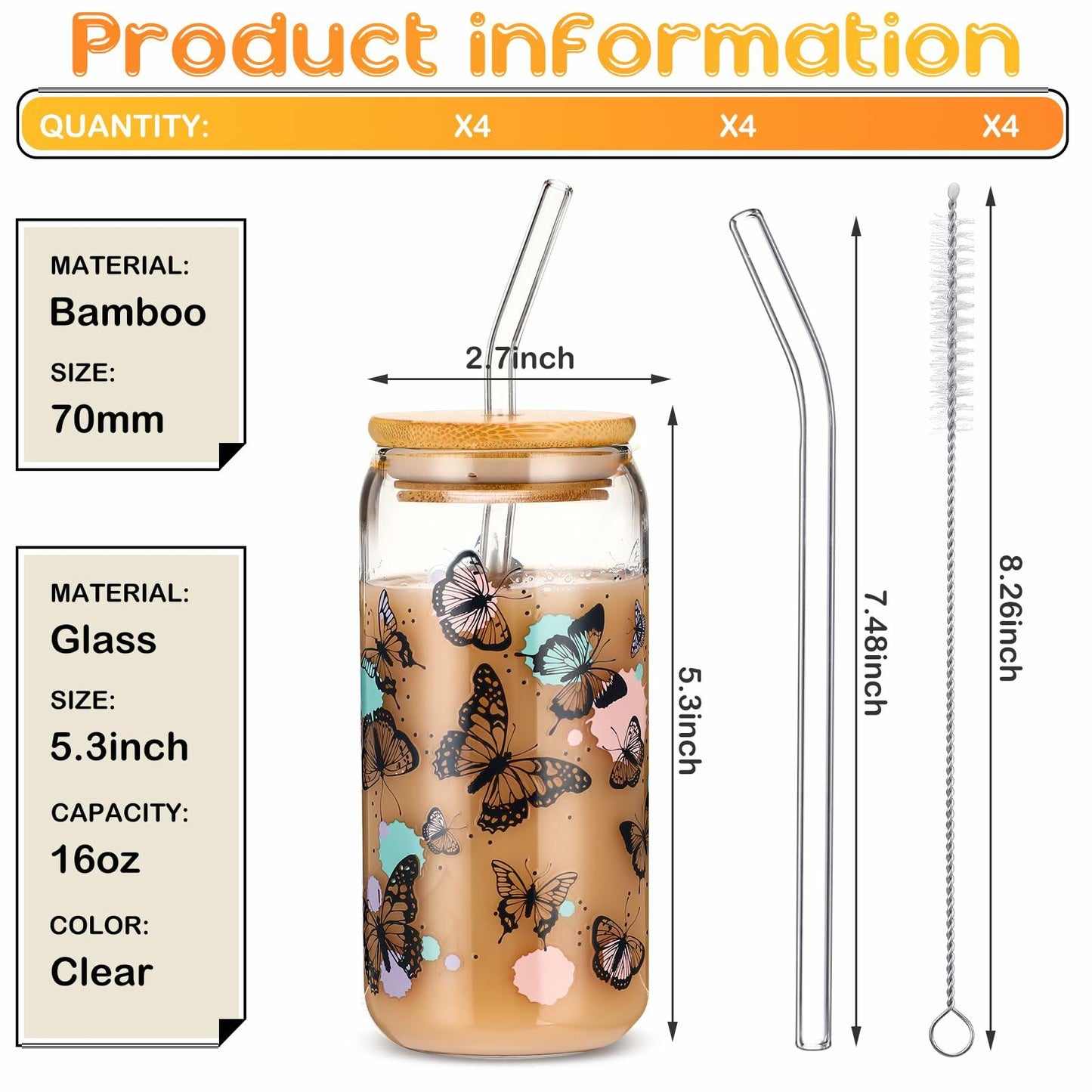 Cunhill 4pc 16oz Iced Coffee Glasses Set Pumpkin Bamboo Lid & Straw