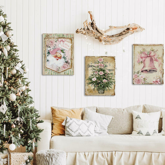 Rusenbao Pink Vintage Christmas Wall Art Set of 3, 11x14 New Home Decor
