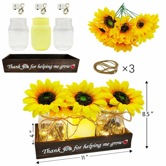 Golden Mason Jar Centerpiece Wood Tray Sunflowers Teacher Appreciation Gift