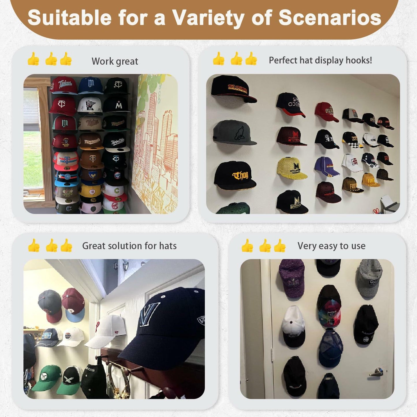 22 Pack Adhesive Hat Hooks Black - Super Strong Wall Mount Hat Rack No Drilling