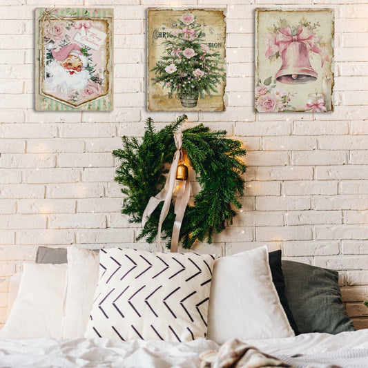 Rusenbao Pink Vintage Christmas Wall Art Set of 3, 11x14 New Home Decor