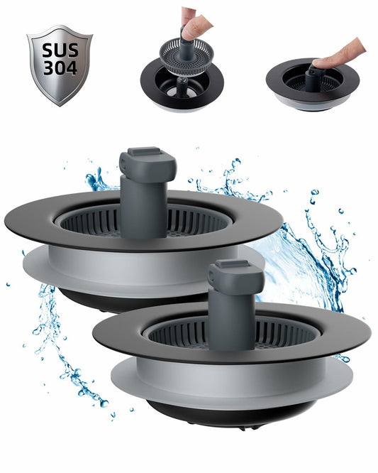Hibbent 3-in-1 Kitchen Sink Drain Strainer Stopper Combo Black Stainless 1 Pack