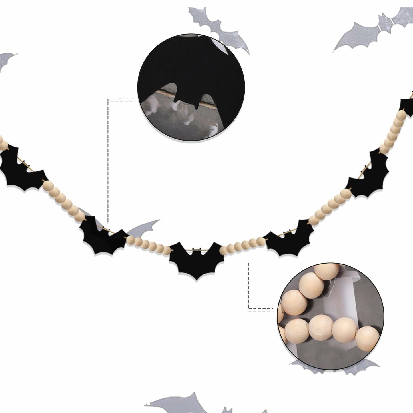 Gvhntk Black Felt Bats Garland Halloween Decor Indoor Banner Wood Beads