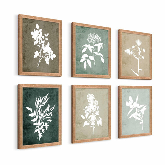Botanical Wall Art Set of 6 Black Frame Vintage Minimalist Floral 12x10
