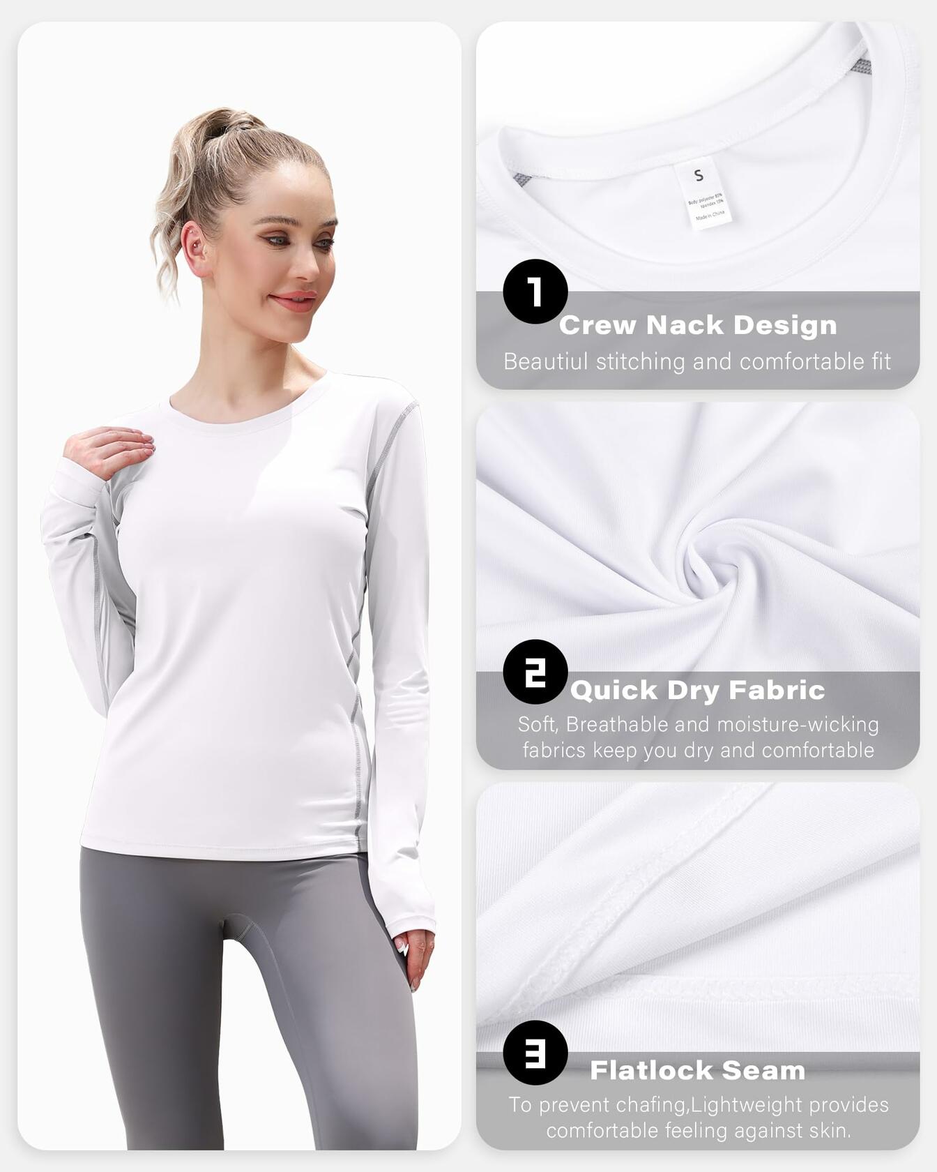 WANAYOU Women's Compression Shirt Long Sleeve Dry Fit White 2 Pack Size L