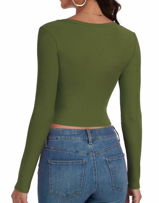 Artfish Women's Ribbed V Neck Crop Top Long Sleeve Slim Fit Olive Green L