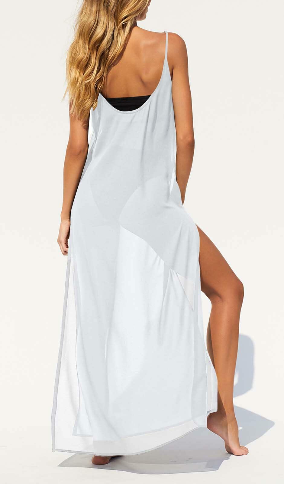 BWQ Women Bikini Cover Up Dress Sheer Spaghetti Straps White Size XL