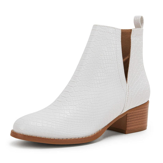 LAICIGO Womens Ankle Boots Slip-On Snakeskin Chunky Stacked Low Heel