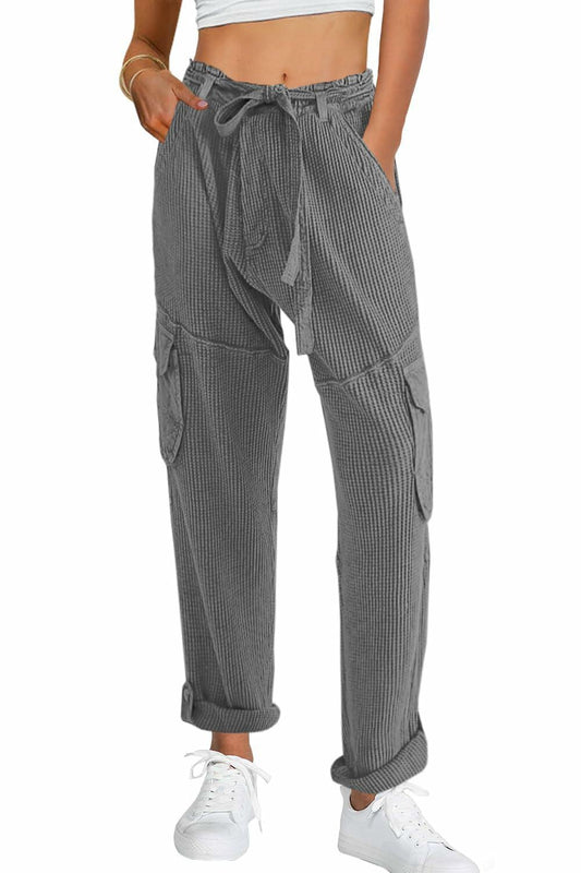 SENSERISE Womens Casual Waffle Knit Cargo Pants Dark Grey Size S