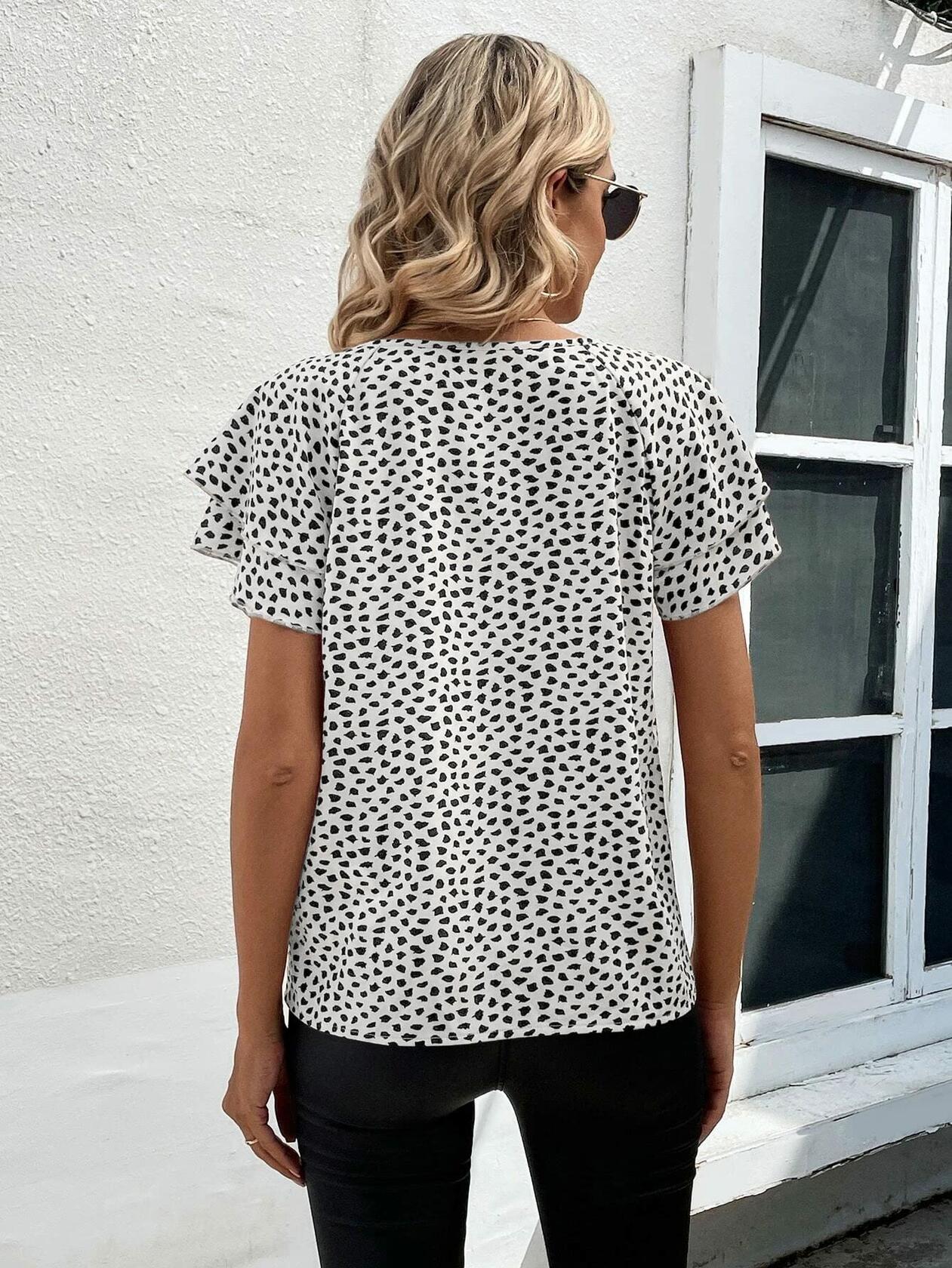SOLY HUX Women's Ruffle Sleeve Blouse Casual Round Neck Summer Top L