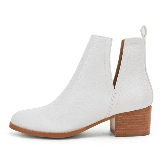 LAICIGO Womens Ankle Boots Slip-On Snakeskin Chunky Stacked Low Heel