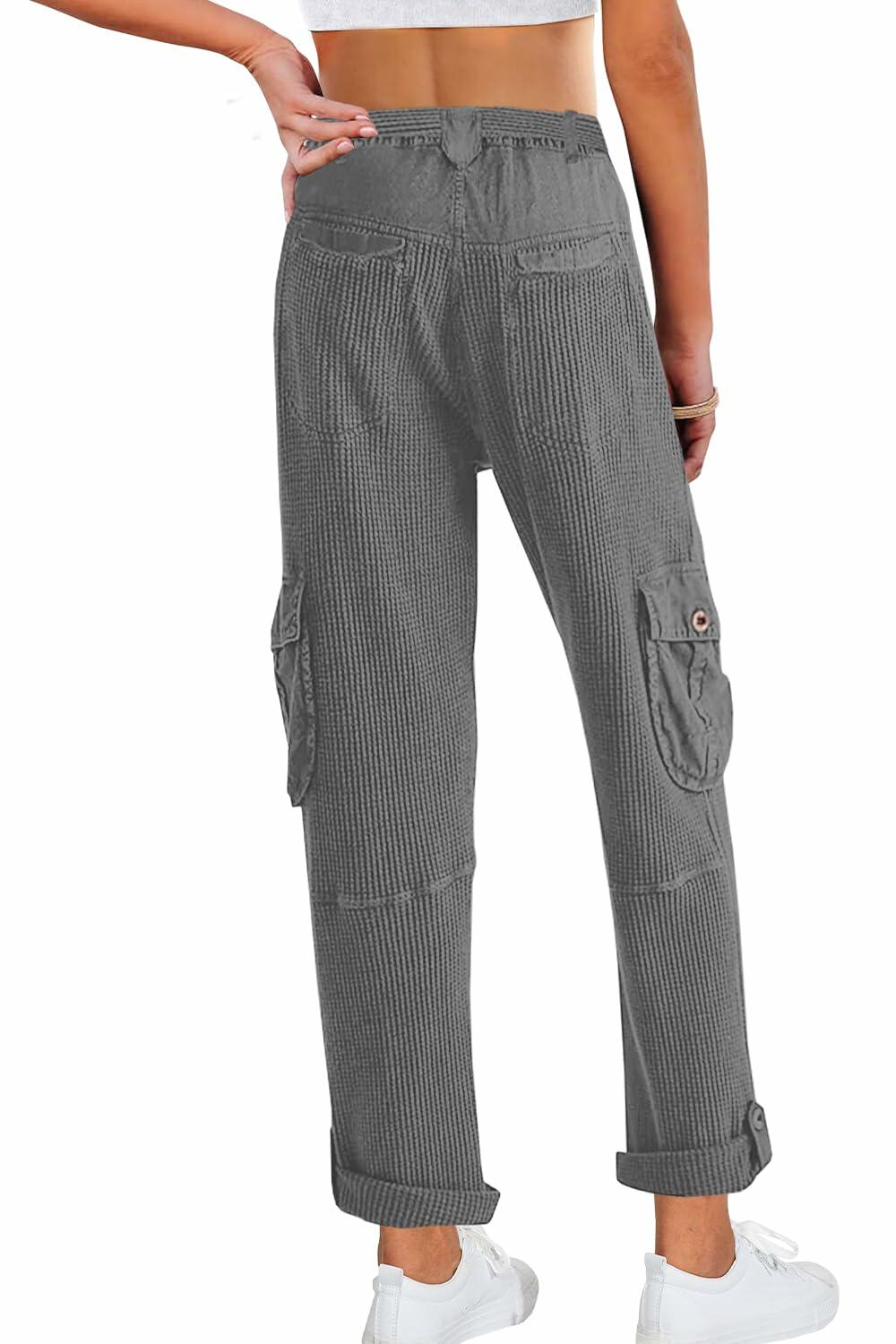 SENSERISE Womens Casual Waffle Knit Cargo Pants Dark Grey Size S