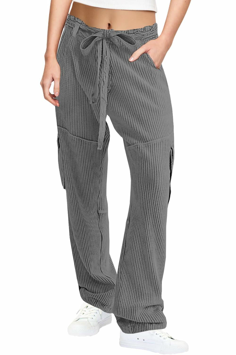 SENSERISE Womens Casual Waffle Knit Cargo Pants Dark Grey Size S