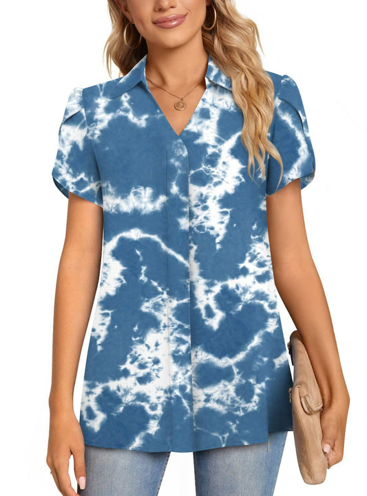 Aodemo Women's Blue Tie Dye Chiffon Blouse V Neck Short Sleeve Size XL