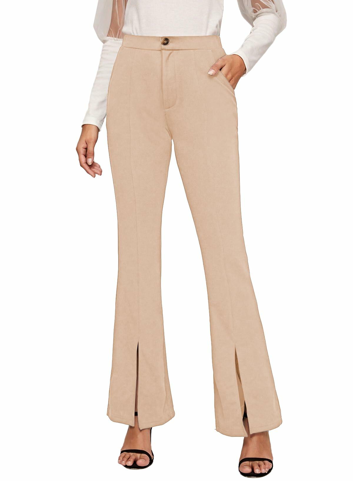 EVALESS Womens Flared Dress Pants Beige XL Slim High Waisted Pockets