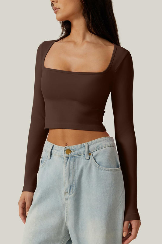 Meyeeka Women's Cinnamon Seamless Cropped Yoga Top Long Sleeve Square Neck - L