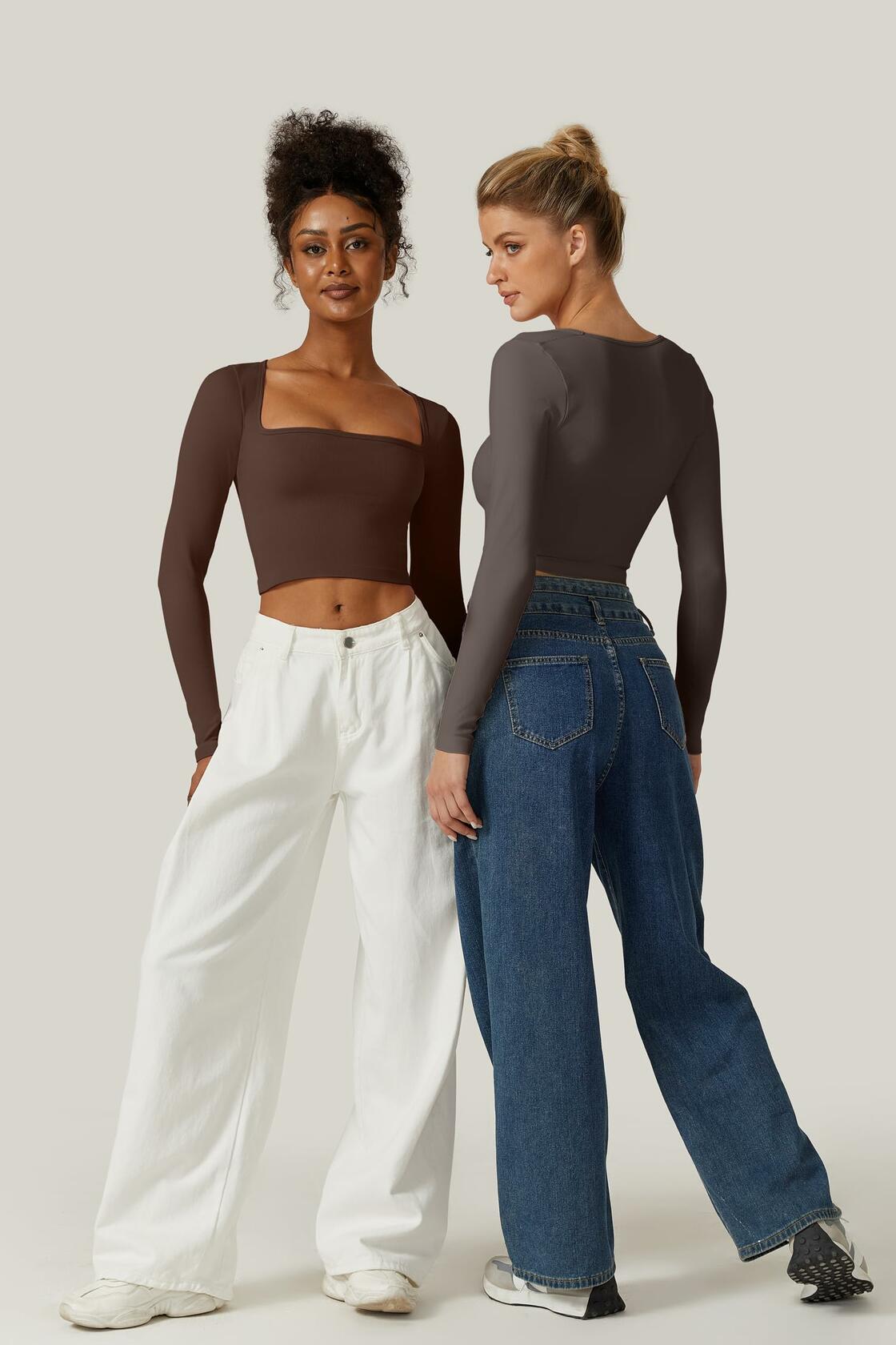 Meyeeka Women's Cinnamon Seamless Cropped Yoga Top Long Sleeve Square Neck - L