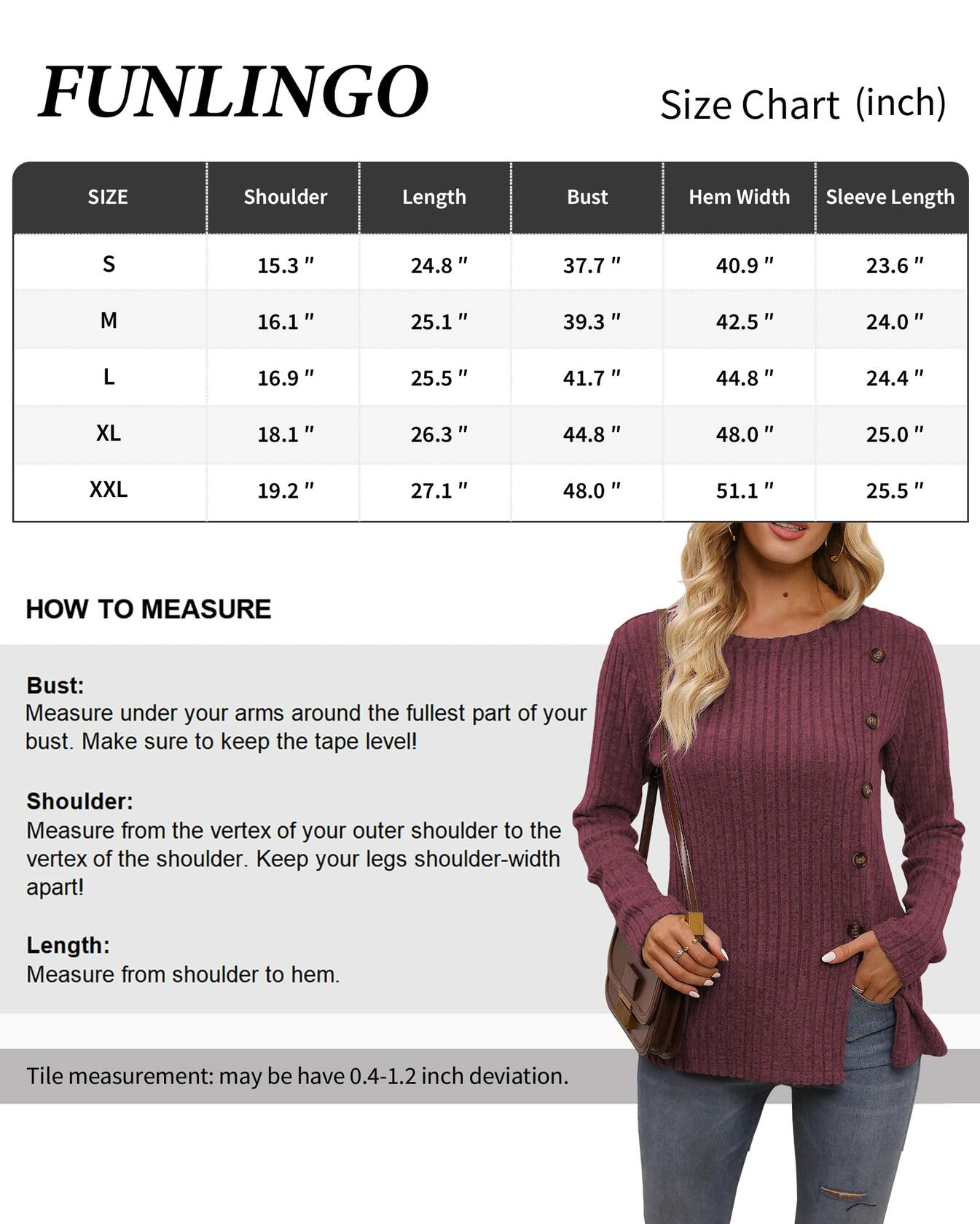 Funlingo Women's Red Long Sleeve Sweater Tunic Casual Pullover Size L