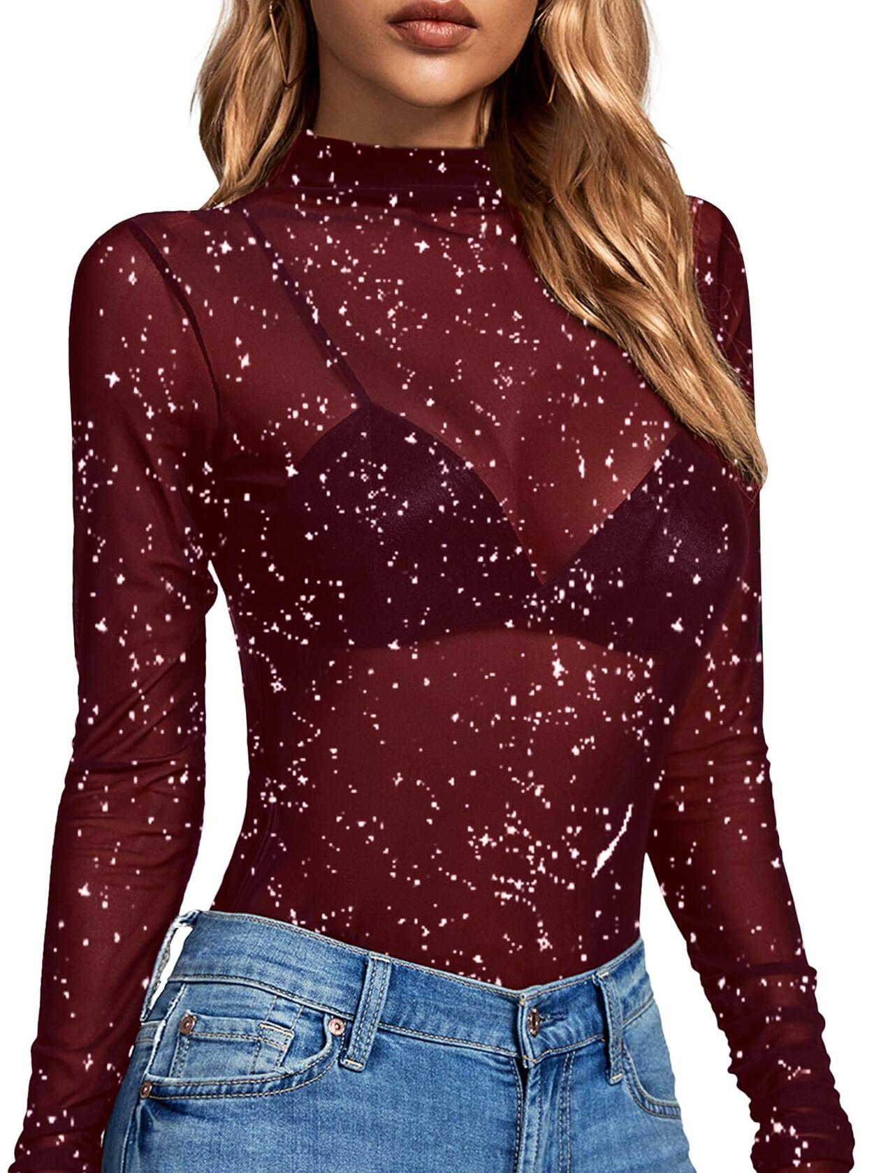 Rooscier Women's Sheer Mesh Mock Neck Long Sleeve Slim Fit Top Red Size M