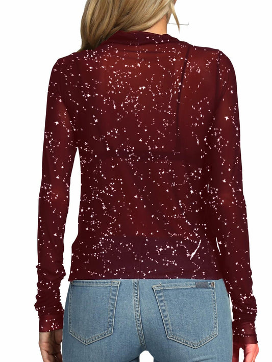 Rooscier Women's Sheer Mesh Mock Neck Long Sleeve Slim Fit Top Red Size M