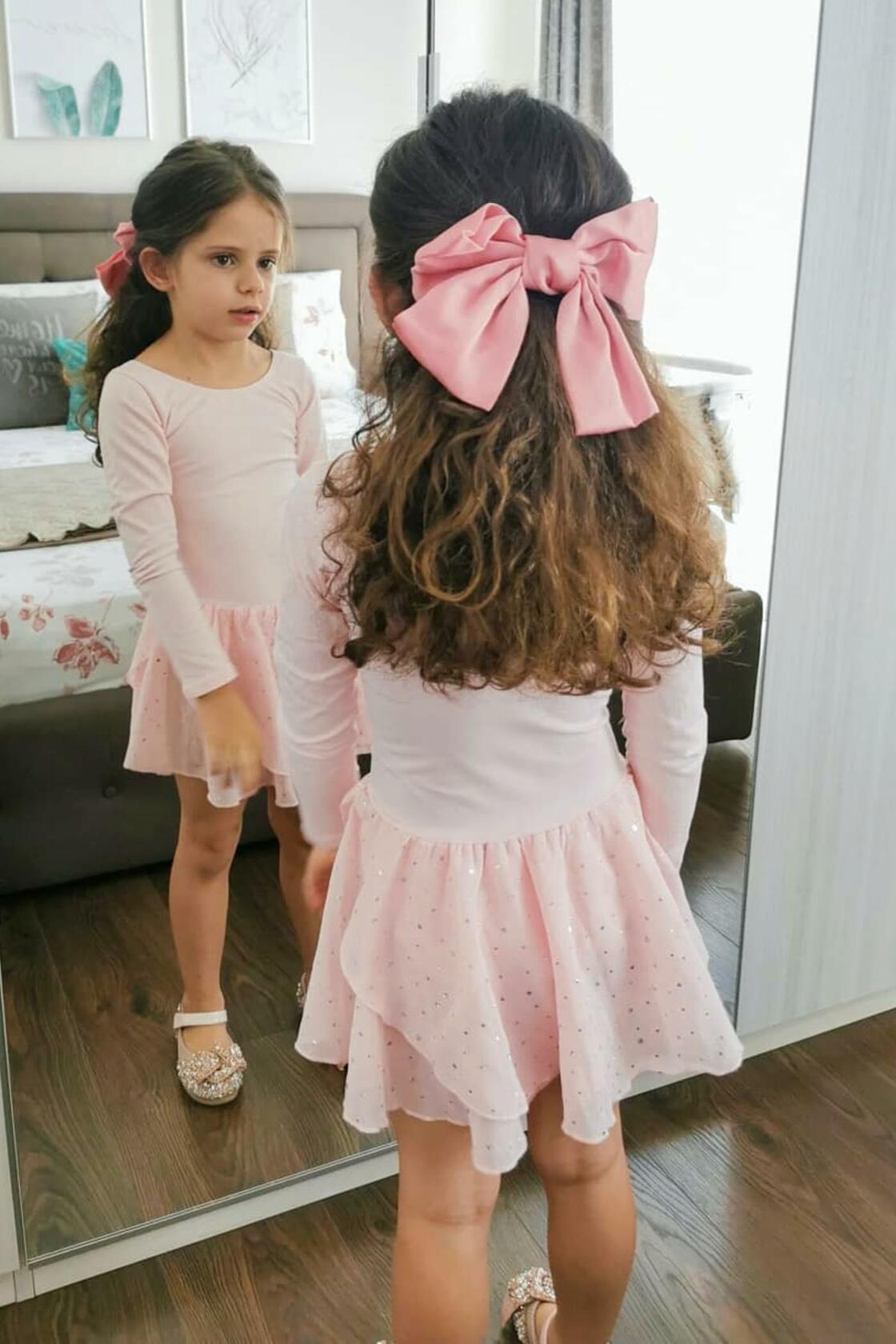 Arshiner Girls Ballet Leotard with Skirt Pink Long Sleeve Hollow Back -Size10-11