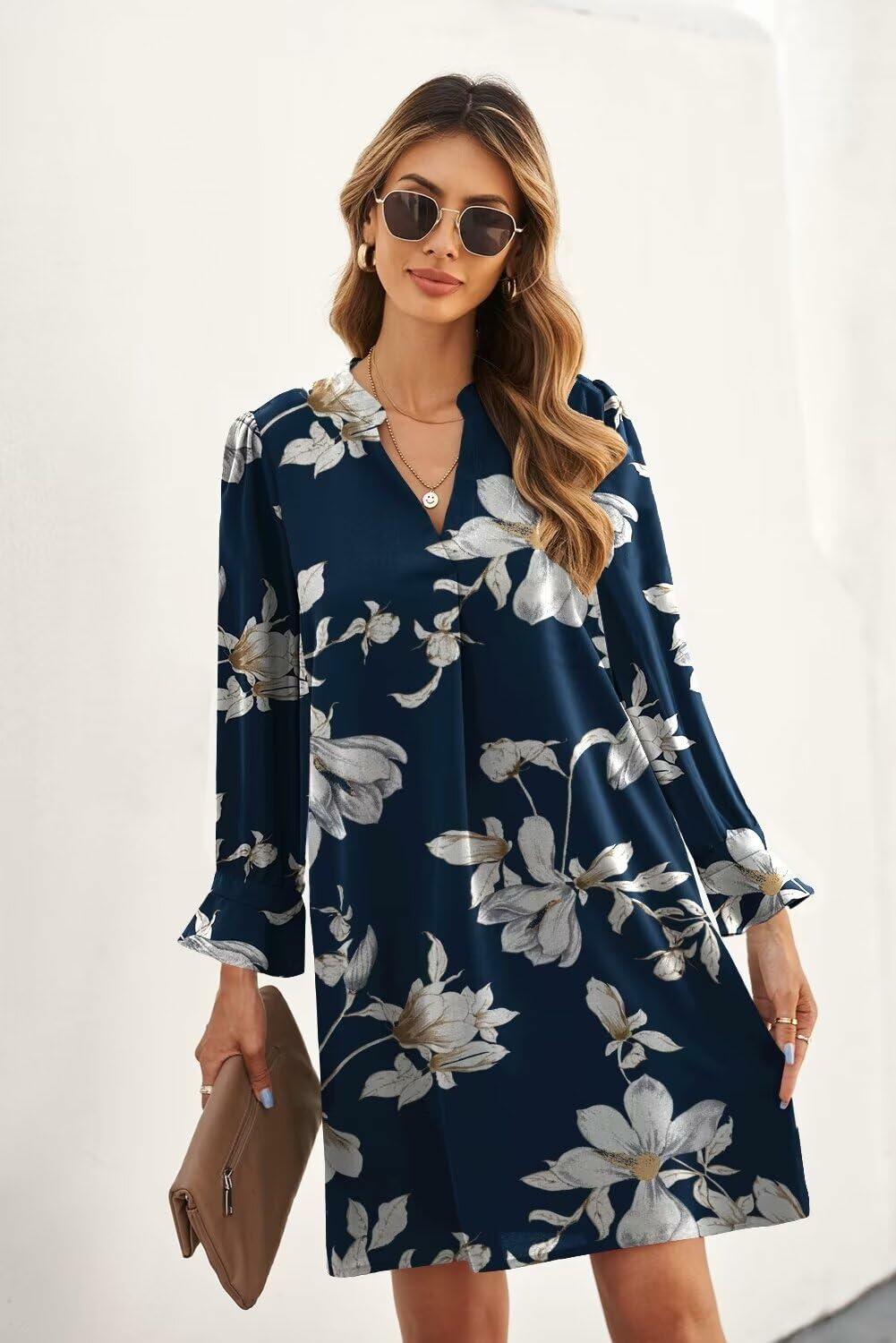 QACOHU V-Neck Mini Dress Blue Flower Long Sleeve Size S