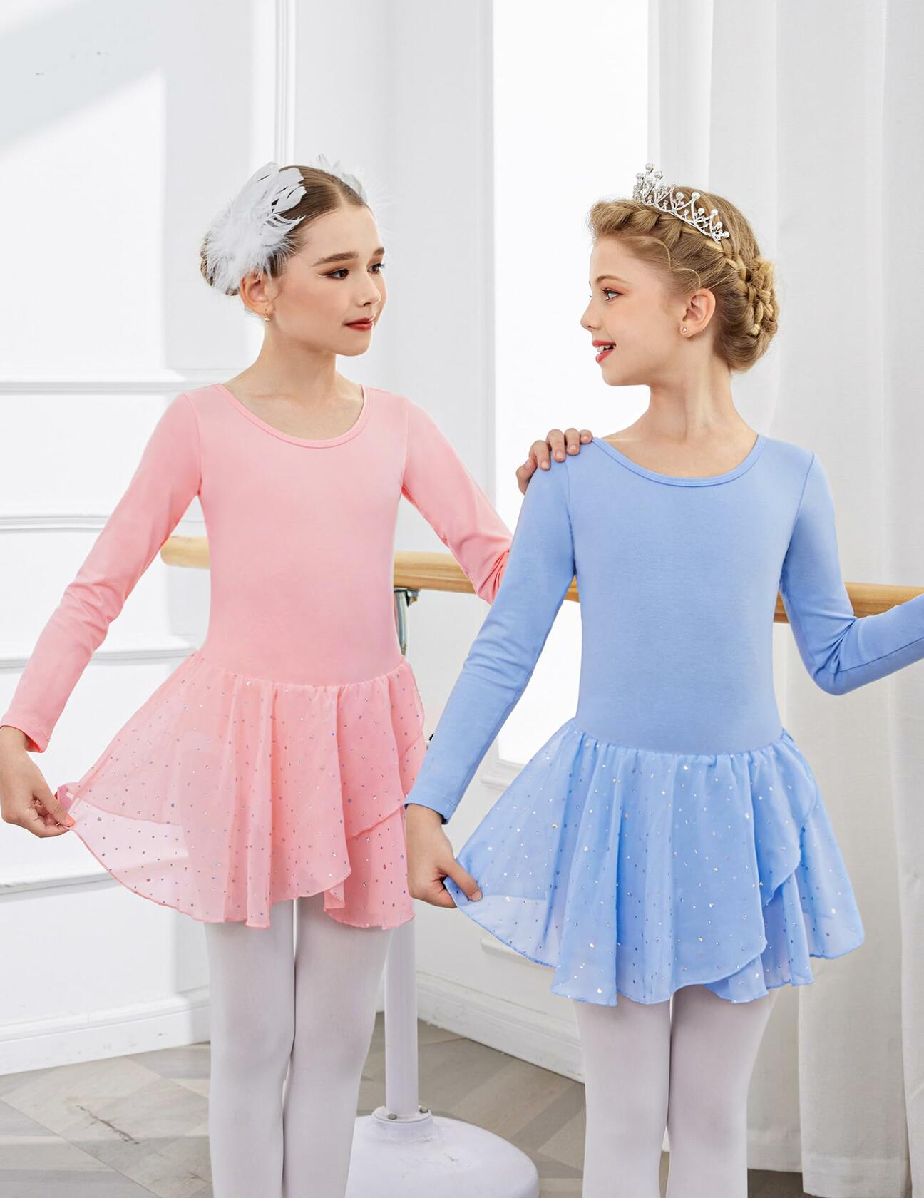 Arshiner Girls Ballet Leotard with Skirt Pink Long Sleeve Hollow Back -Size10-11