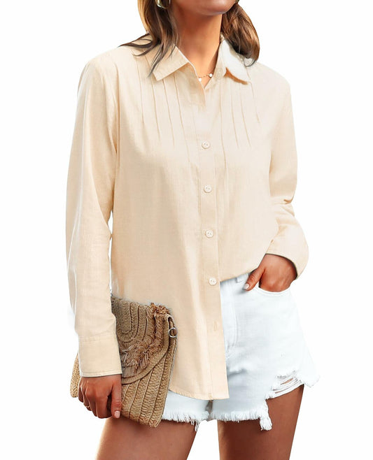 Siliteelon Linen Button Down Shirt Women L Beige Casual Long Sleeve Summer Top