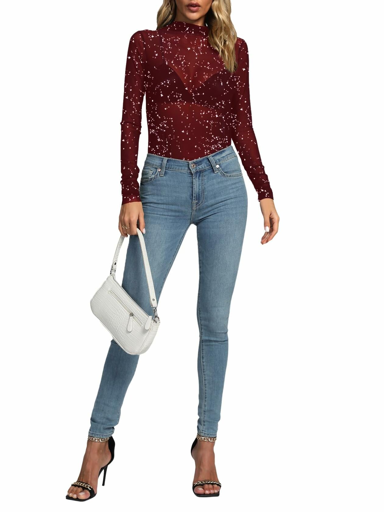 Rooscier Women's Sheer Mesh Mock Neck Long Sleeve Slim Fit Top Red Size M