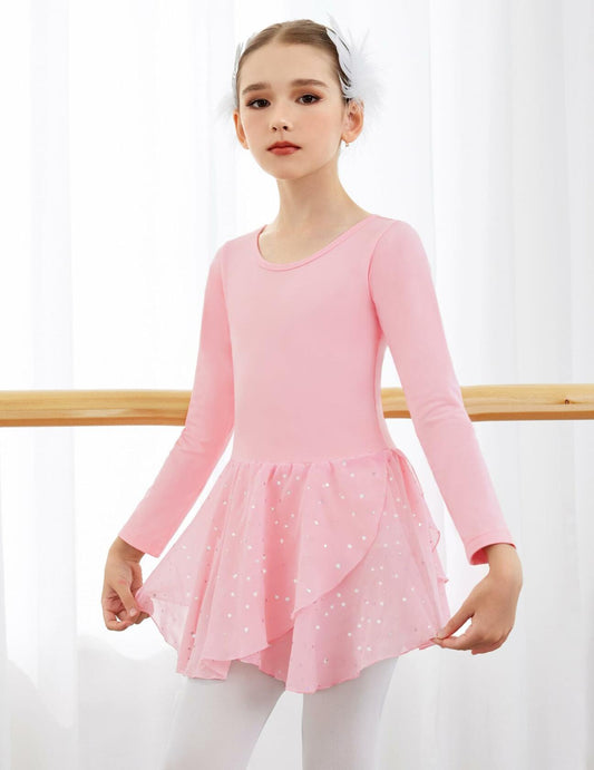 Arshiner Girls Ballet Leotard with Skirt Pink Long Sleeve Hollow Back -Size10-11