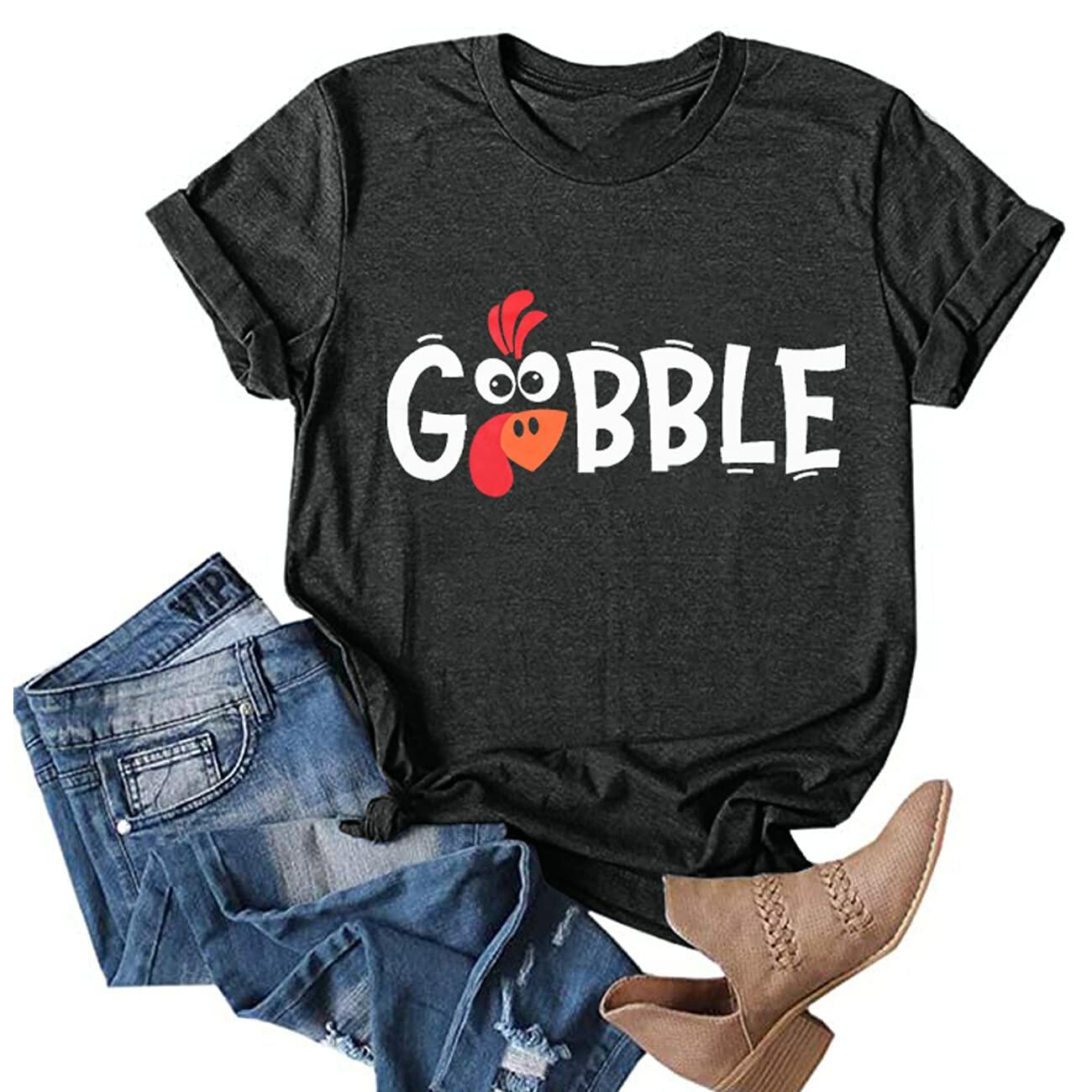 Thanksgiving Shirt Women M Gobble Gobble Pumpkin Turkey Graphic Tee