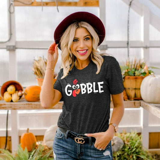 Thanksgiving Shirt Women M Gobble Gobble Pumpkin Turkey Graphic Tee