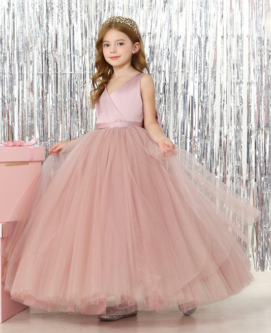 JISISANG White Satin Tulle Bow-Knot Flower Girl Dress Size 04
