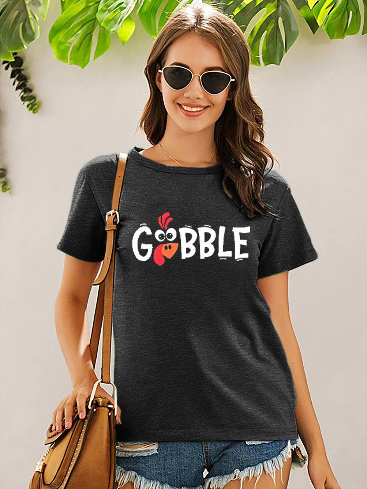 Thanksgiving Shirt Women M Gobble Gobble Pumpkin Turkey Graphic Tee