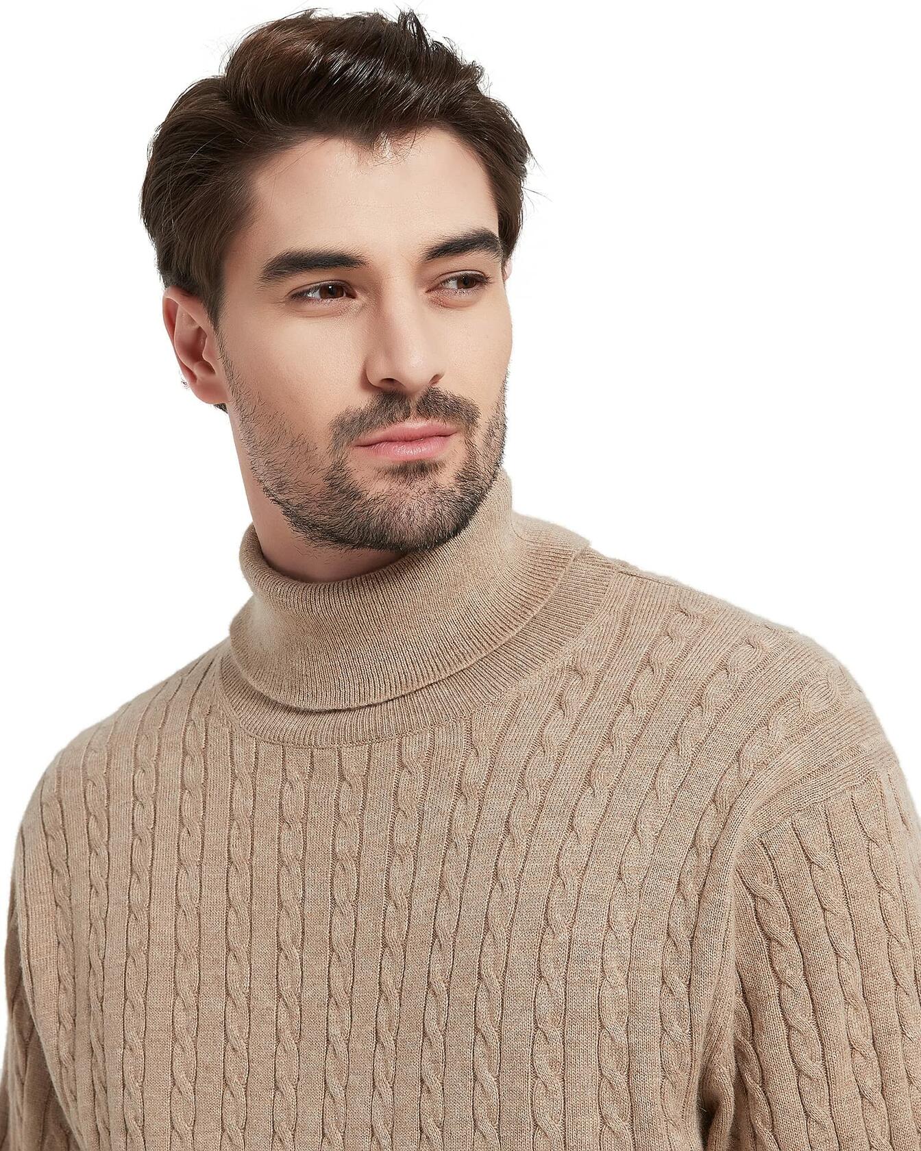 Kallspin Men's Wool Blend Cable-Knit Turtle Neck Sweater Coffee Size L